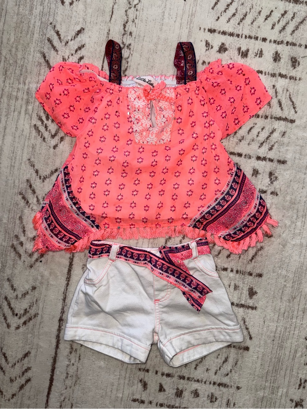 Little Lass Neon Pink Boho Fringe Top with White Shorts and Printed Belt